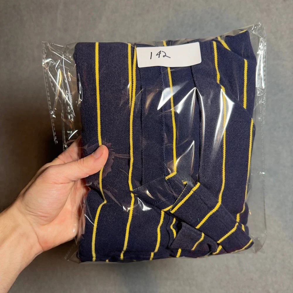 Polo Ralph Lauren Polo Shirt Mens Large Navy Blue Yellow Striped Short Sleeve